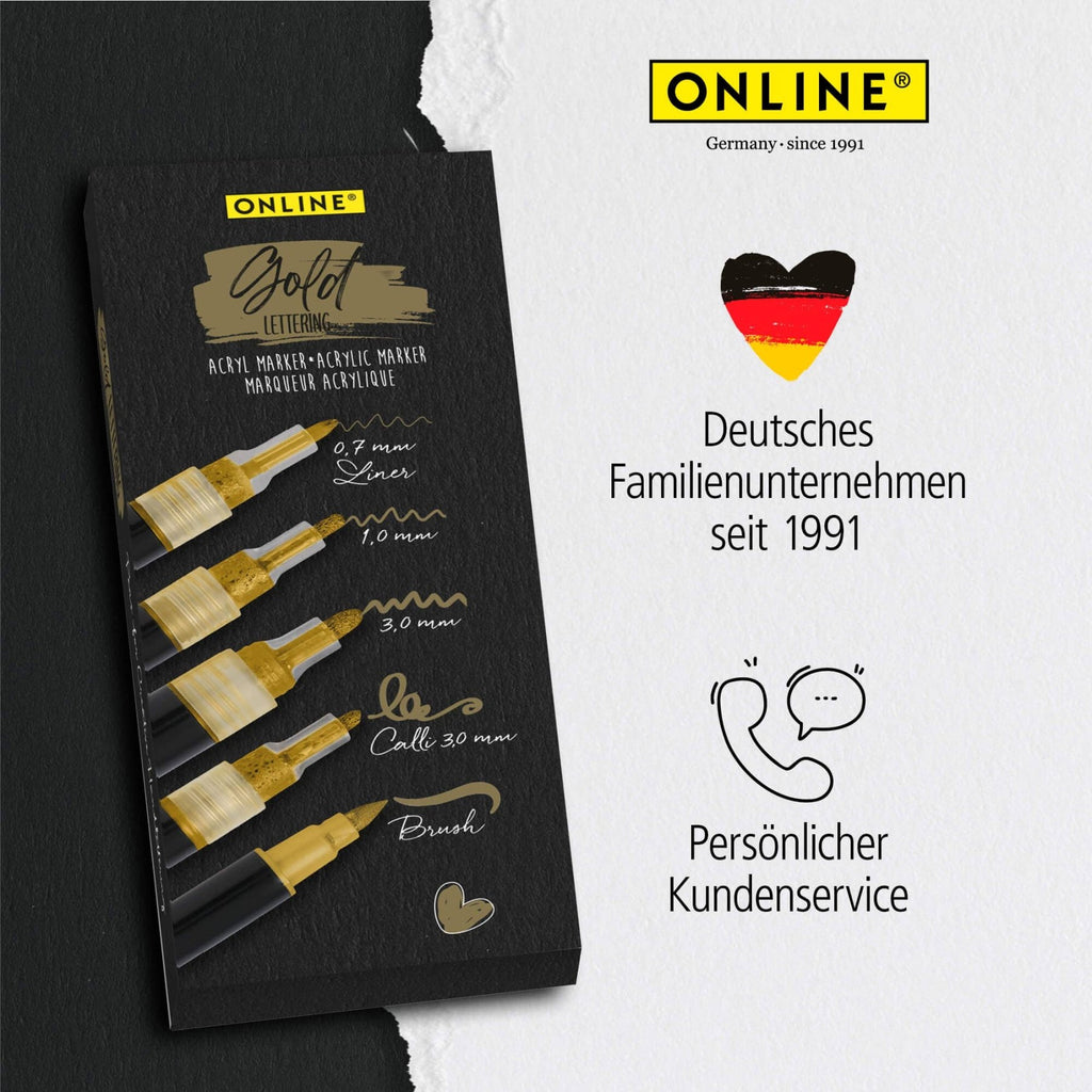 ONLINE Gold Lettering Set - 5 Acryl-Stifte mit verschiedenen Spitzen