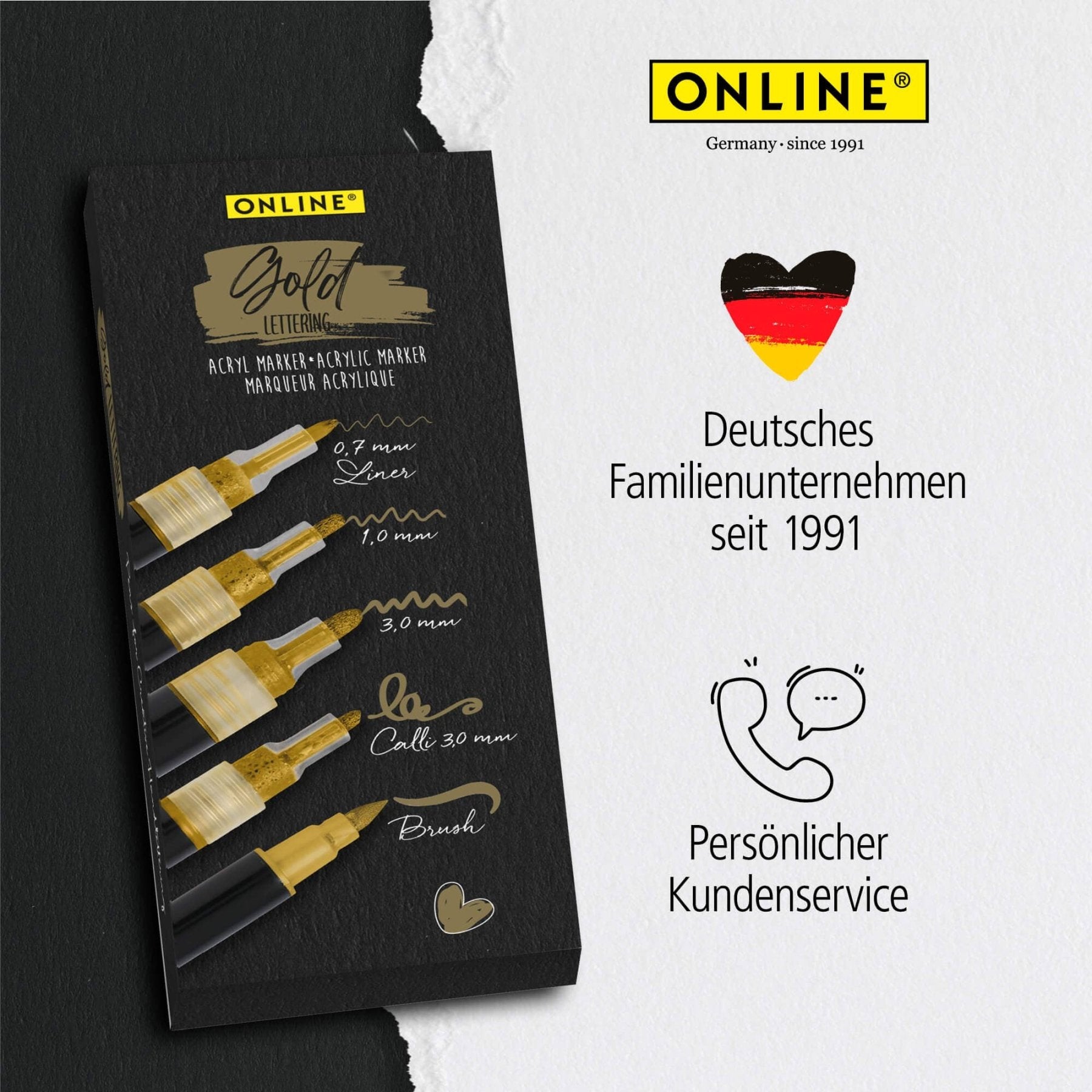 ONLINE Gold Lettering Set - 5 Acryl-Stifte mit verschiedenen Spitzen