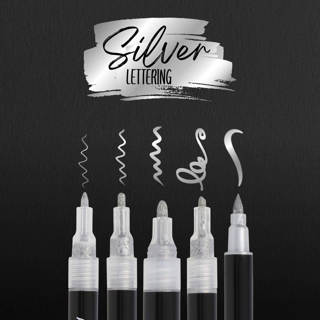 ONLINE Silver Lettering Set - 5 Acryl-Stifte mit verschiedenen Spitzen