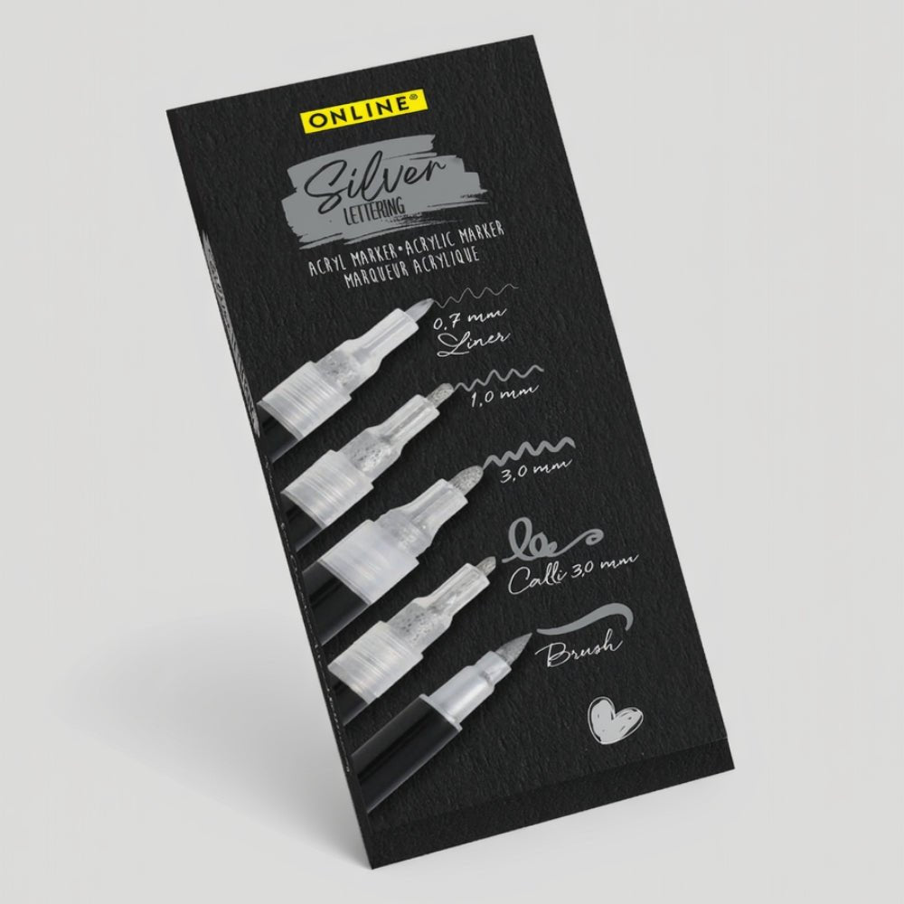 ONLINE Silver Lettering Set - 5 Acryl-Stifte mit verschiedenen Spitzen