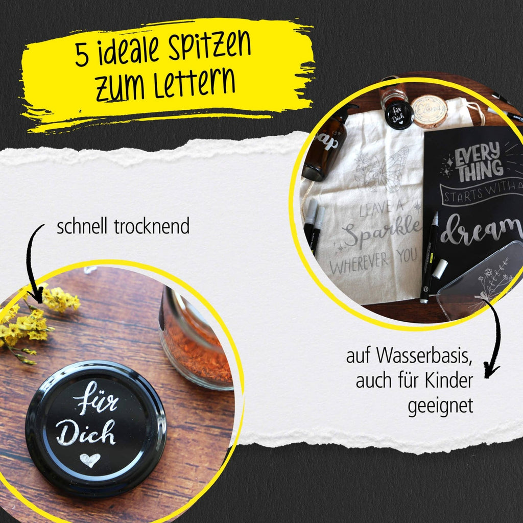 ONLINE Silver Lettering Set - 5 Acryl-Stifte mit verschiedenen Spitzen