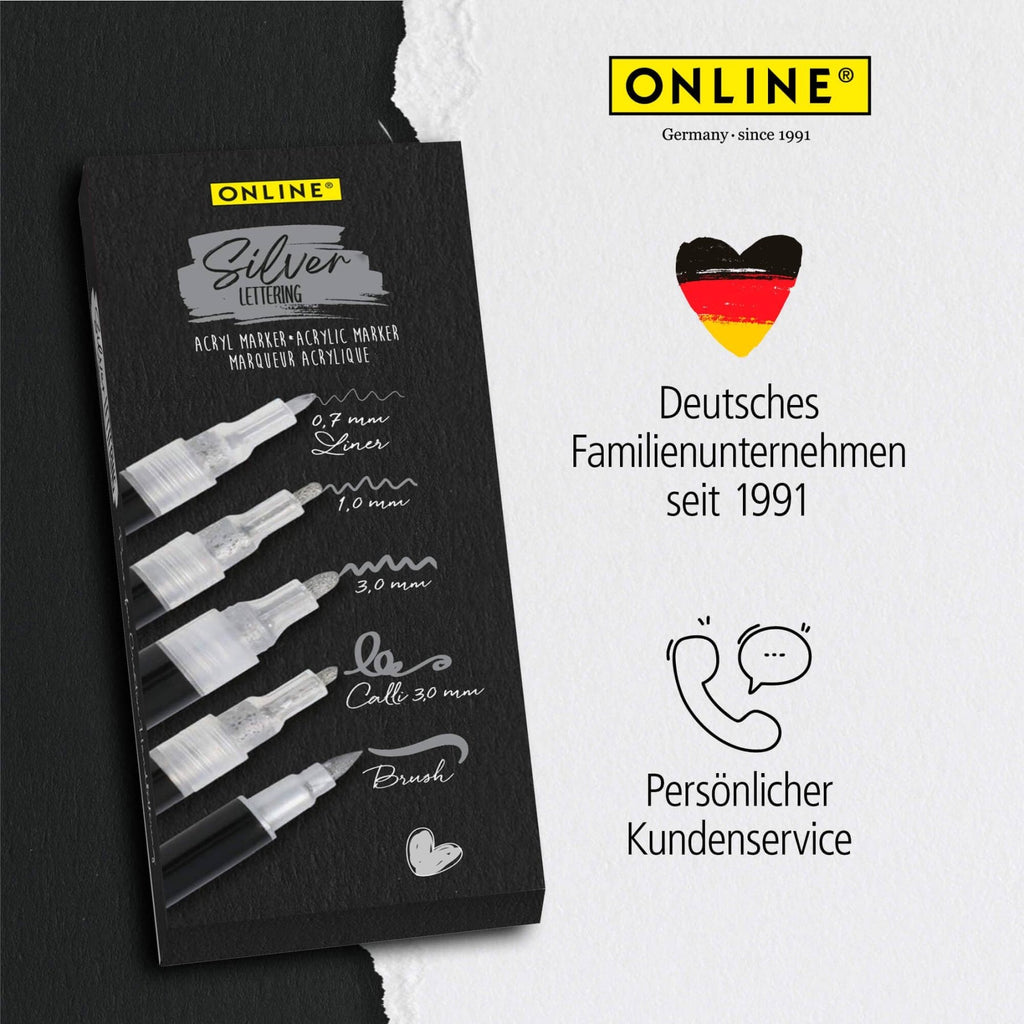 ONLINE Silver Lettering Set - 5 Acryl-Stifte mit verschiedenen Spitzen