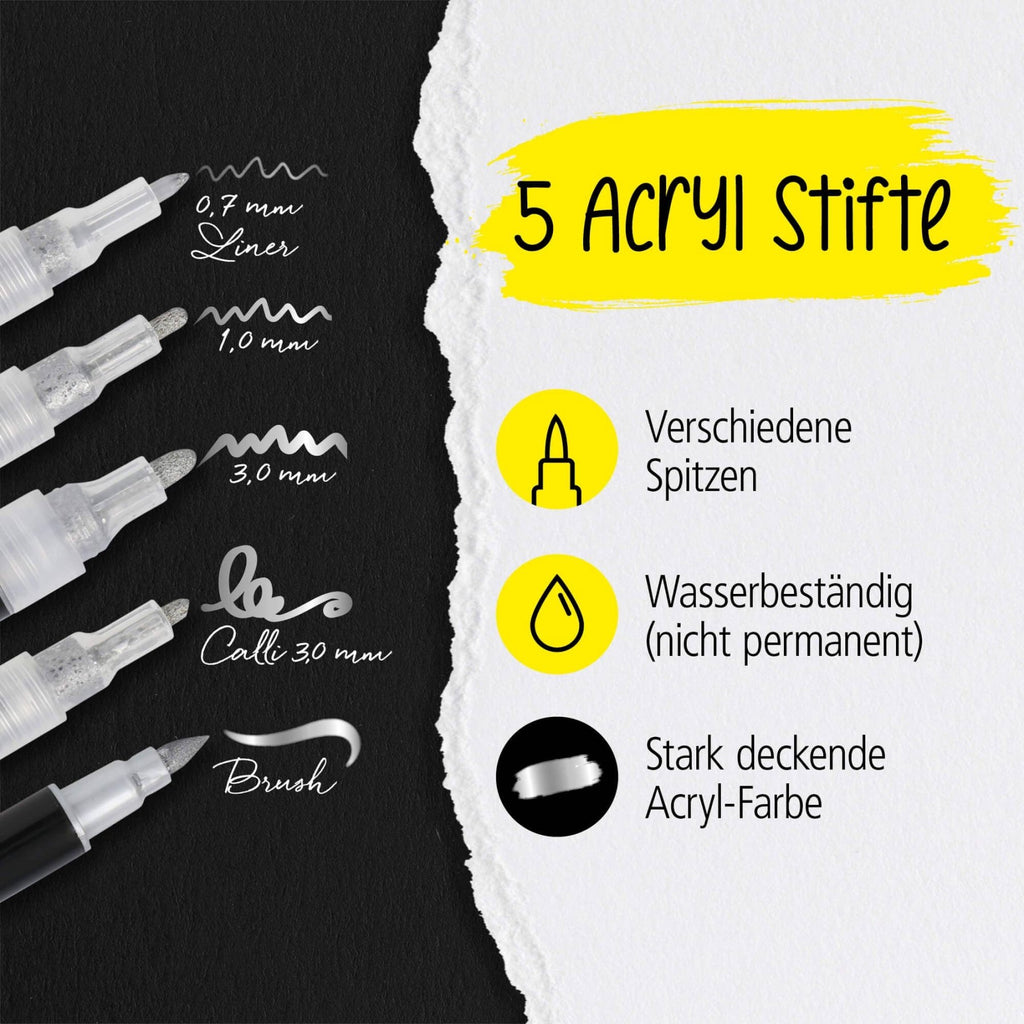 ONLINE Silver Lettering Set - 5 Acryl-Stifte mit verschiedenen Spitzen