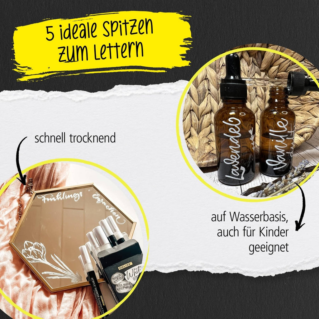 ONLINE White Lettering Set - 5 Acryl-Stifte mit verschiedenen Spitzen