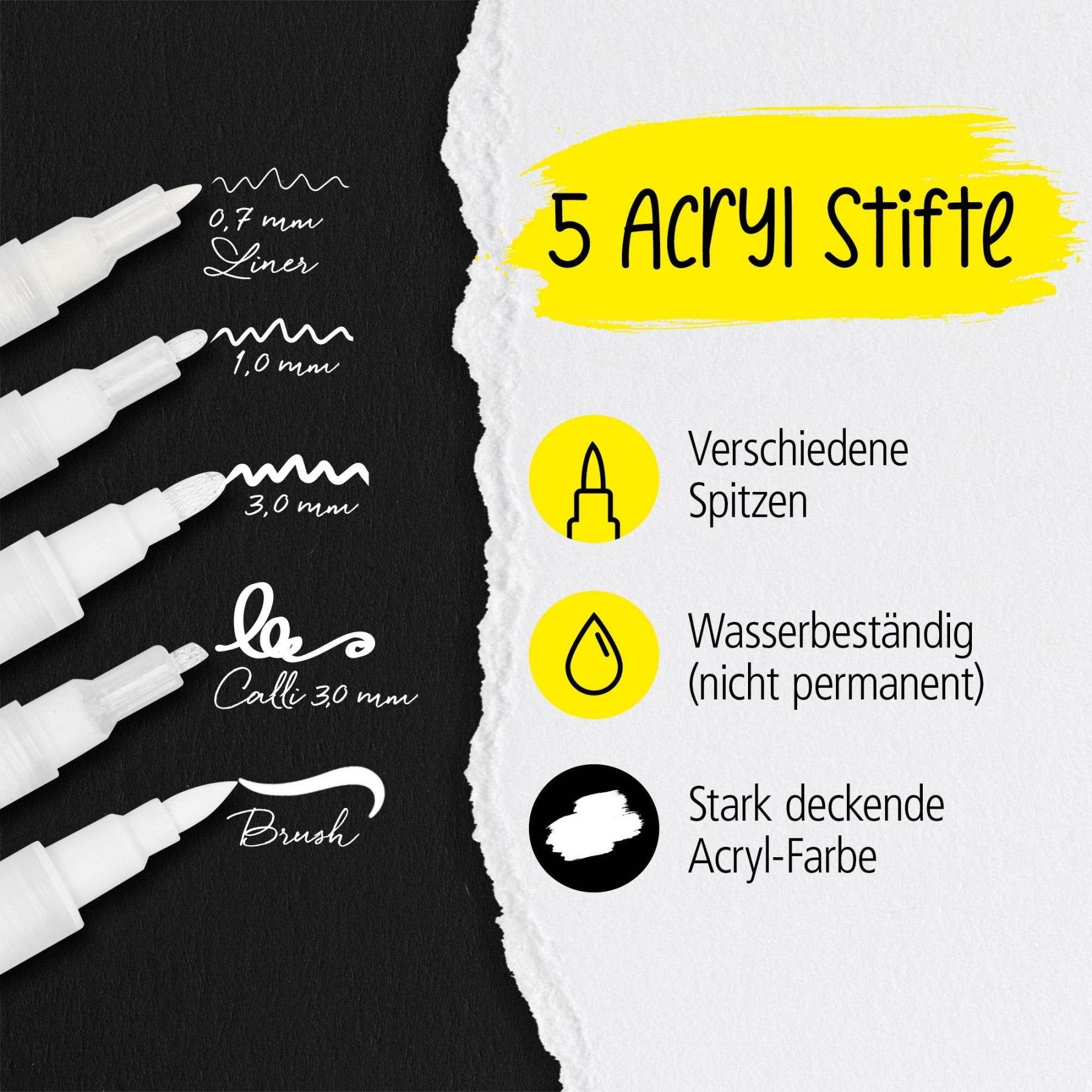 ONLINE White Lettering Set - 5 Acryl-Stifte mit verschiedenen Spitzen