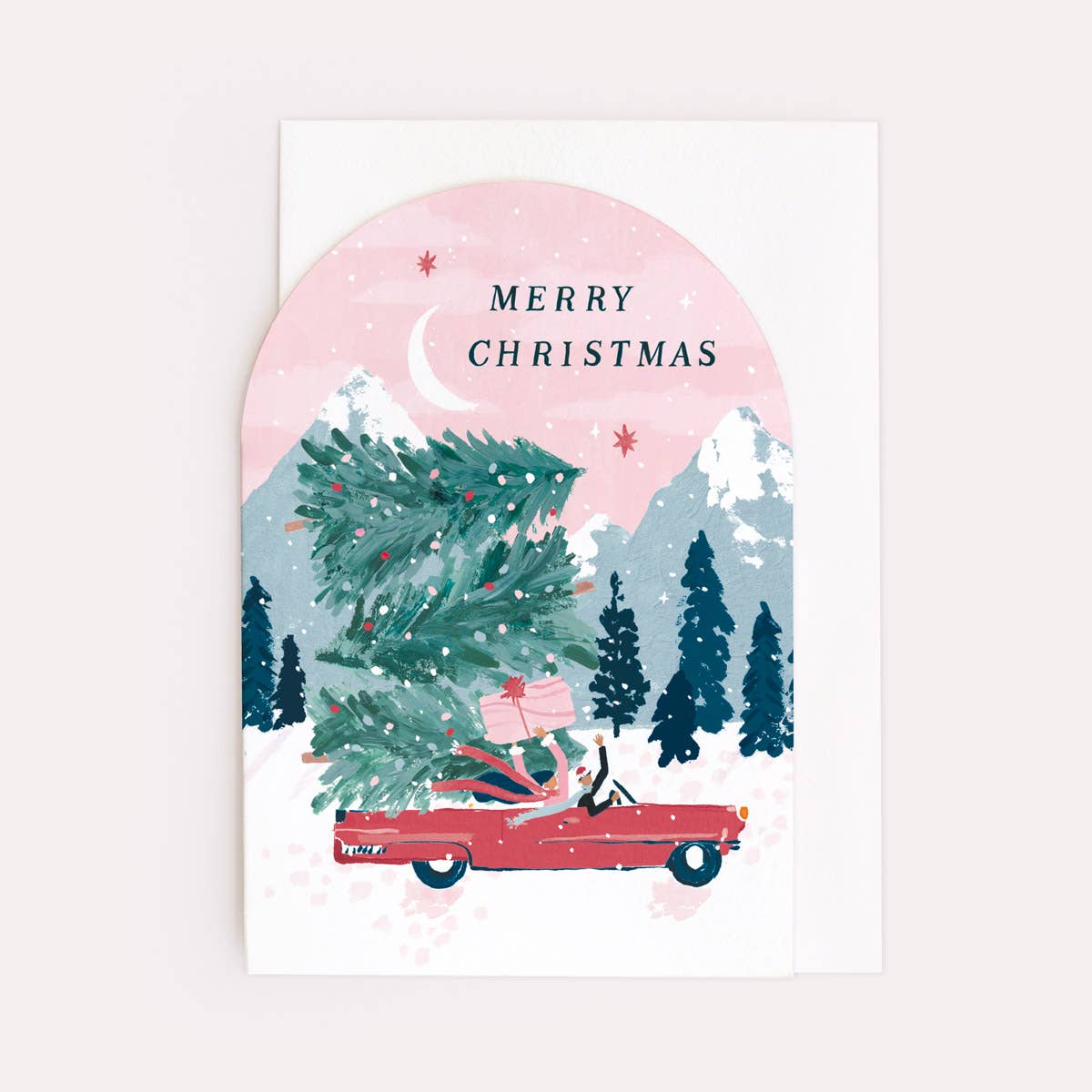 Sister Paper Co. Weihnachtskarte "Driving Home" mit rotem Auto und Weihnachtsbäumen - PenJoy