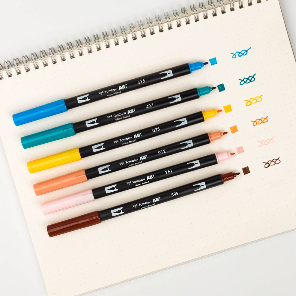 Tombow ABT Dual Brush Pen 6er-Set + Wassertankpinsel – Manga Set Bird