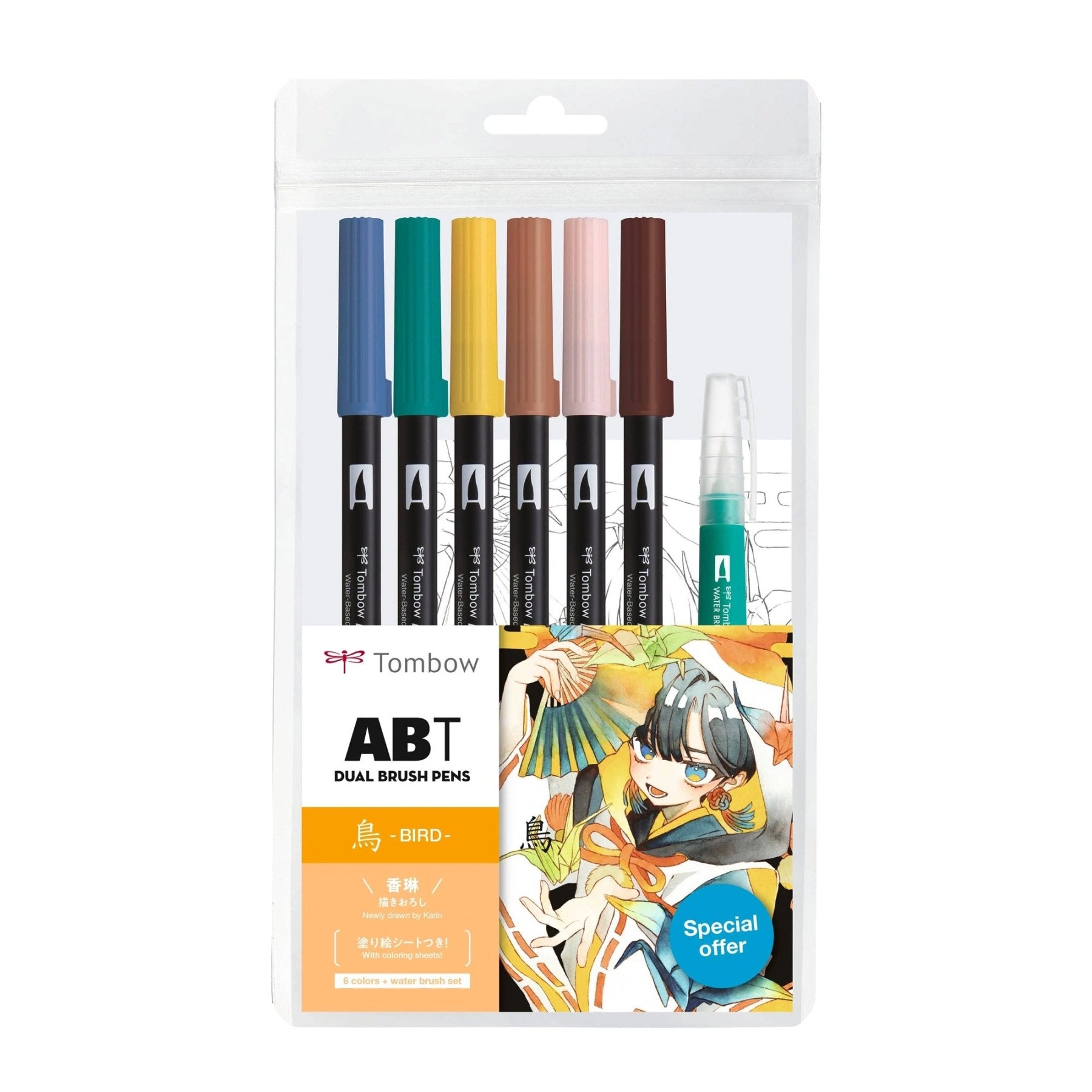 Tombow ABT Dual Brush Pen 6er-Set + Wassertankpinsel – Manga Set Bird